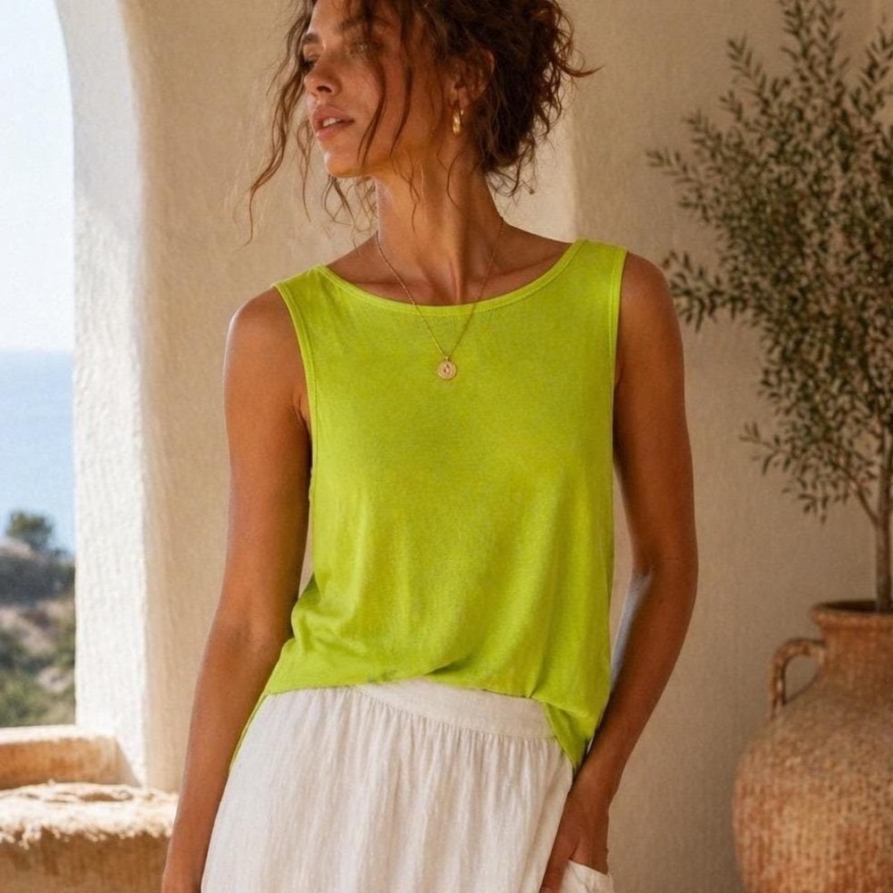 Citiknits Vintage Lime Green Chartreuse Ribbed Tank Top Sleeveless USA Made M